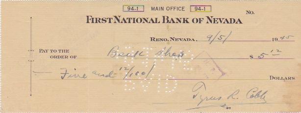 Ty Cobb Detroit Tigers Signed 1952 Personal Bank Check JSA Z30162