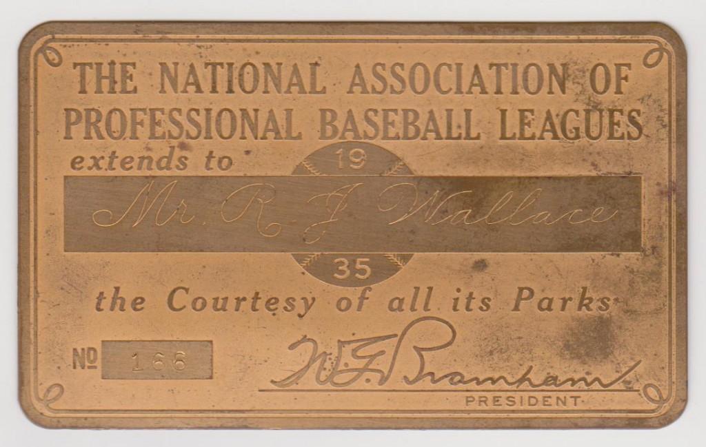 National Association of Professional Baseball Leagues lifetime pass issued to Bobby Wallace