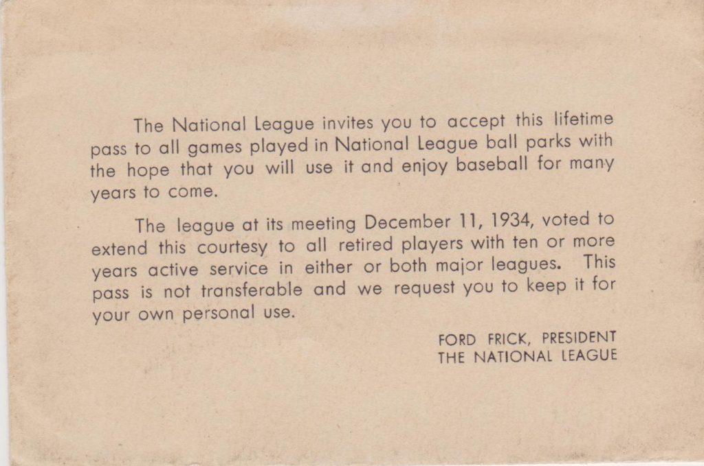 This note was sent to recipients of original lifetime passes in early 1935