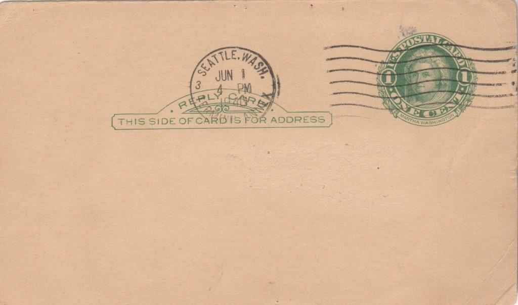 Reverse of Amos Rusie signed GPC with 6/1/1940 postmark from Seattle, Washington