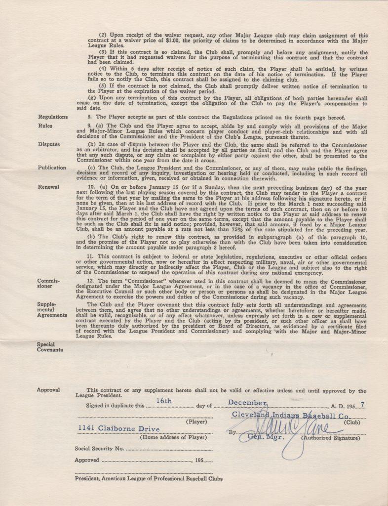 This contract came from Lemon's estate and is signed by GM Frank Lane