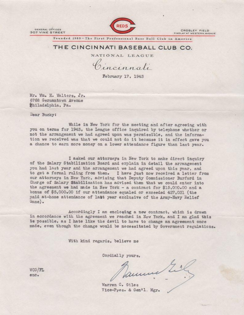 As Reds GM, Warren Giles writes to Bucky Walters re: contracts