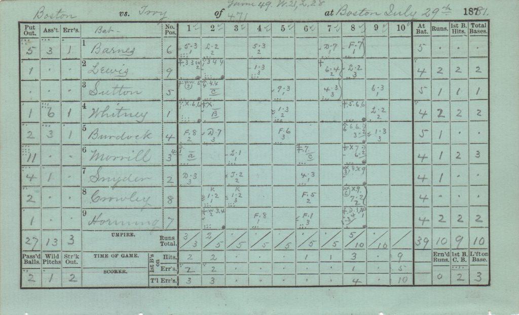 Boston's side of Harry Wright's 9/29/1881 scorecard