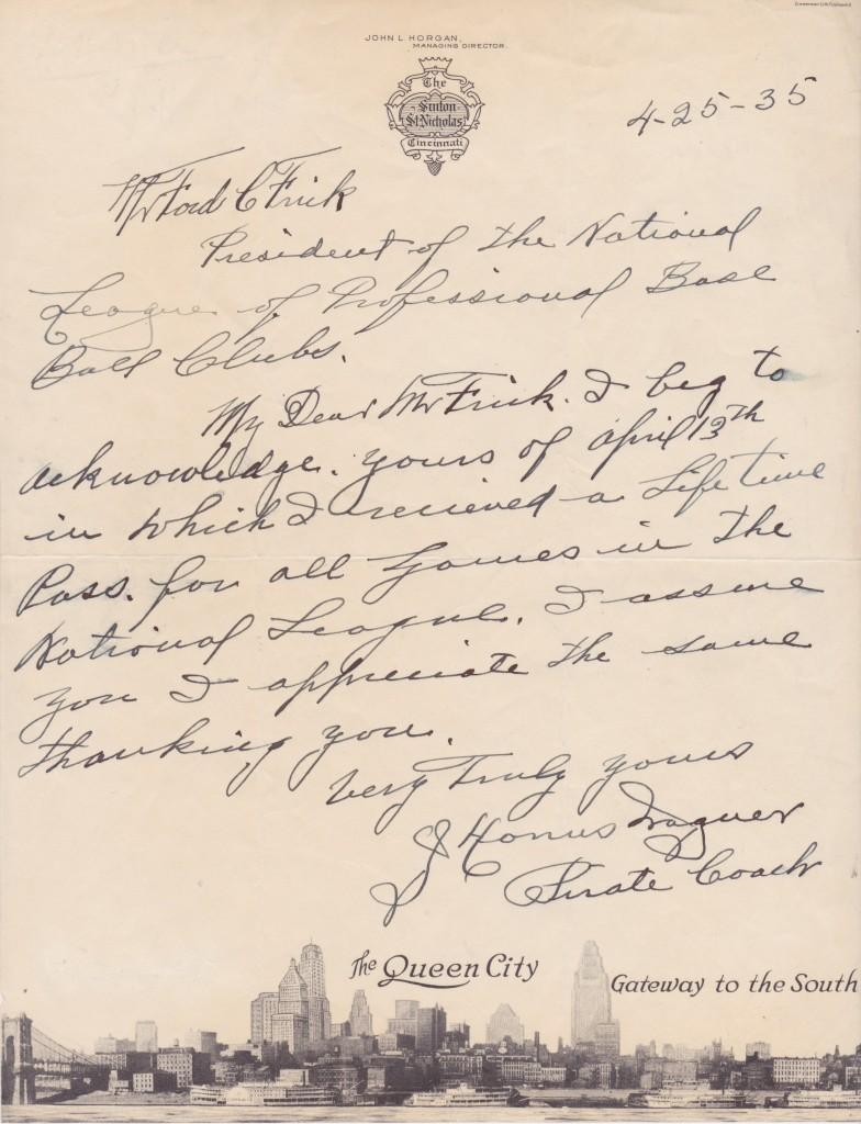 Honus Wagner's handwritten thank-you note for his pass