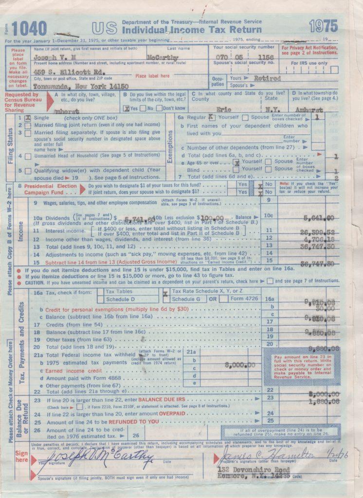 Joe McCarthy's signed income tax return 