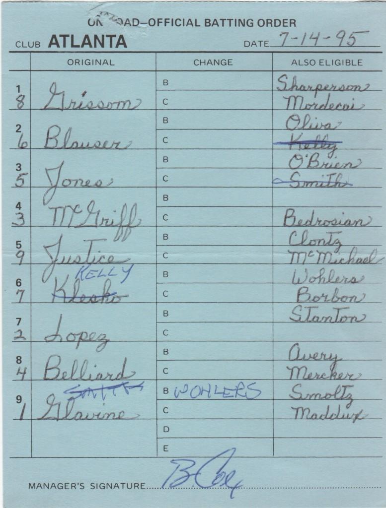 Braves scorecard signed by Cox in a game won by Glavine during the World Championship season