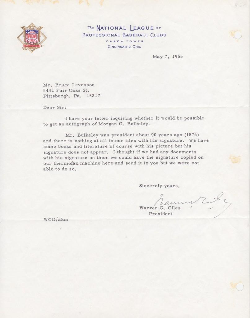 1965 National League president Warren Giles responds to autograph request of Bulkeley, the first NL president