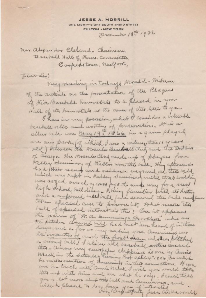 1936 letter to HoF about Candy Cummings