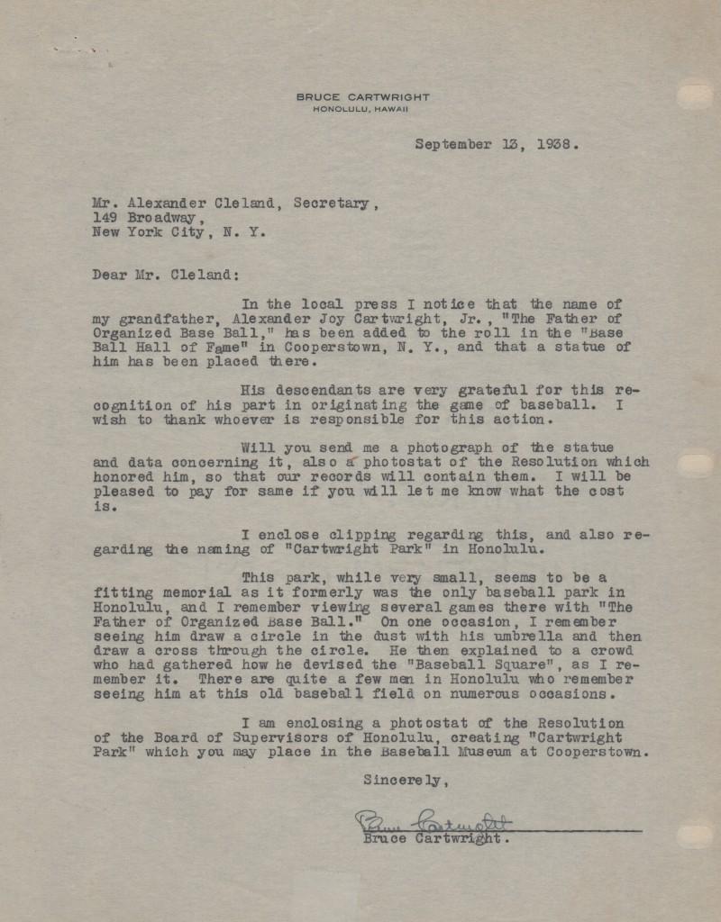 Letter of 9/13/38 from Cartwright's grandson to the HoF - amazing content