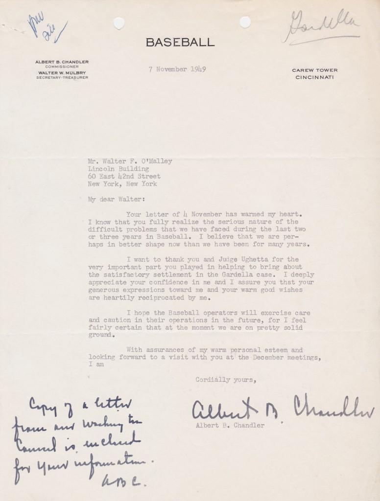 Chandler letter to Dodger owner Walter O'Malley about the Mexican League jumper Danny Gardella