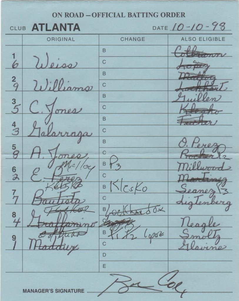 1998 NLCS Game 3 lineup card signed by Cox - Maddux takes the loss