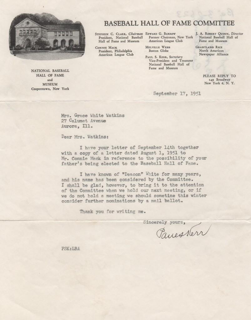 1951 letter from the Hall to Deacon White's daughter about HoF consideration