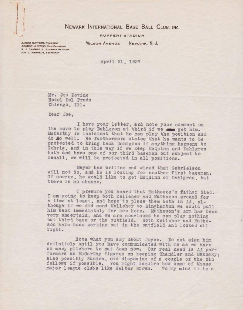 George Weiss 1937 letter with mention of Gehrig and Dahlgren