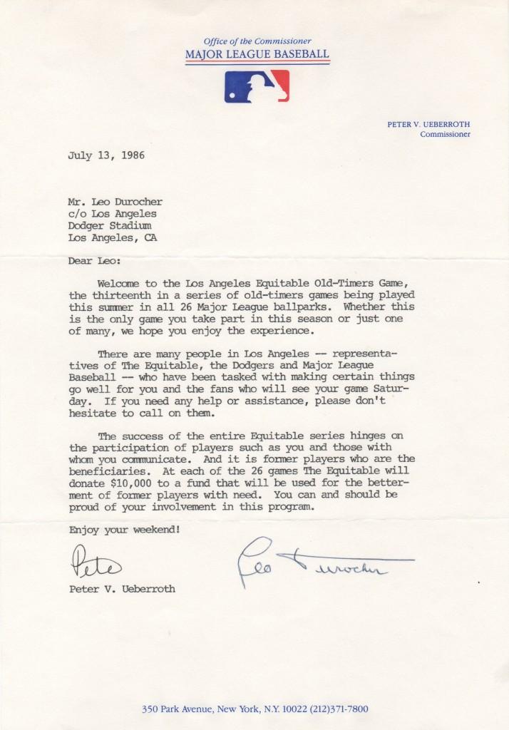 Leo Durocher's 1986 invitation to the Old Timers' game at Dodger Stadium