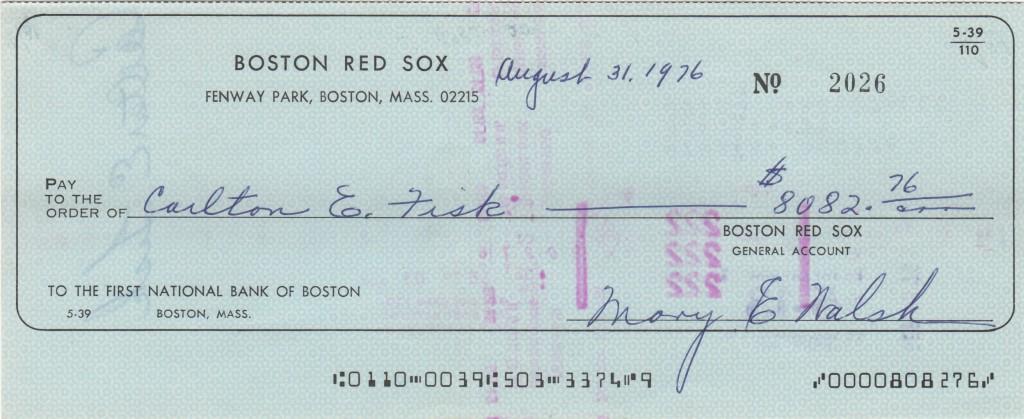 Red Sox payroll check made out to Carlton Fisk in 1976