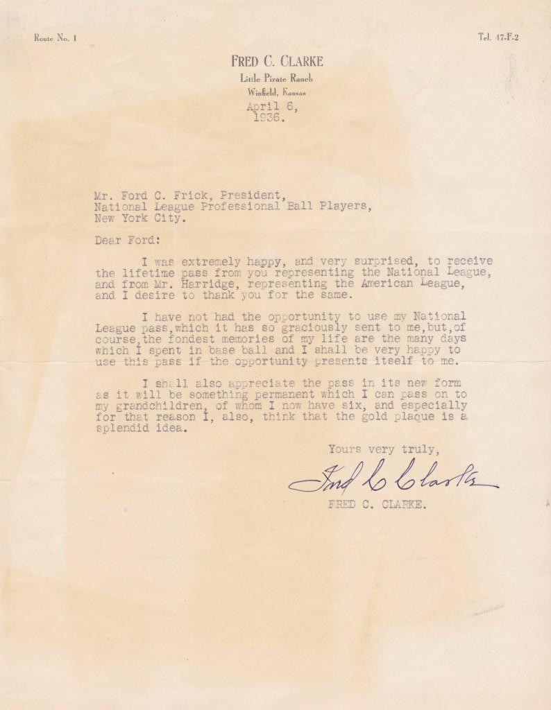 Letter to Ford Frick thanking him for the lifetime pass