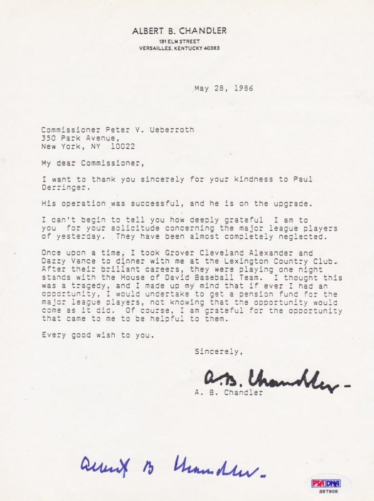 Hall of Fame commissioner Happy Chandler writes a letter mentioning Alexander's money woes