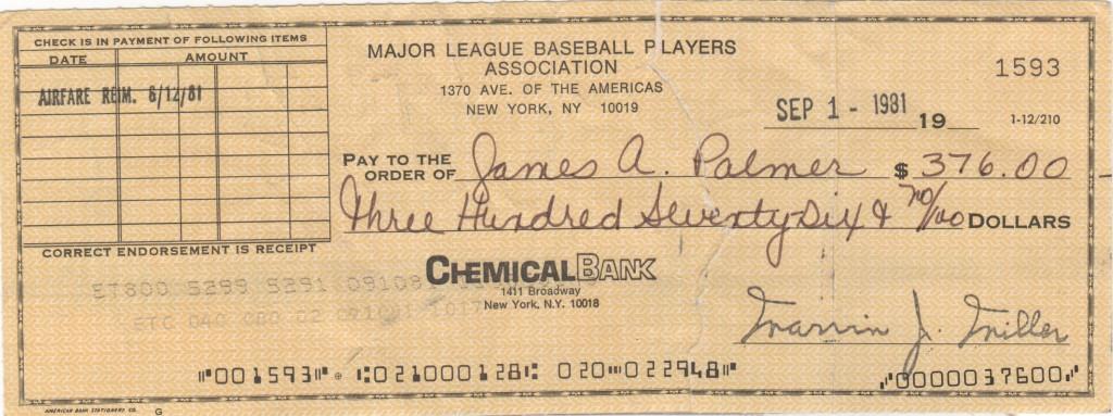 MLBPA check made out to and endorsed by Jim Palmer