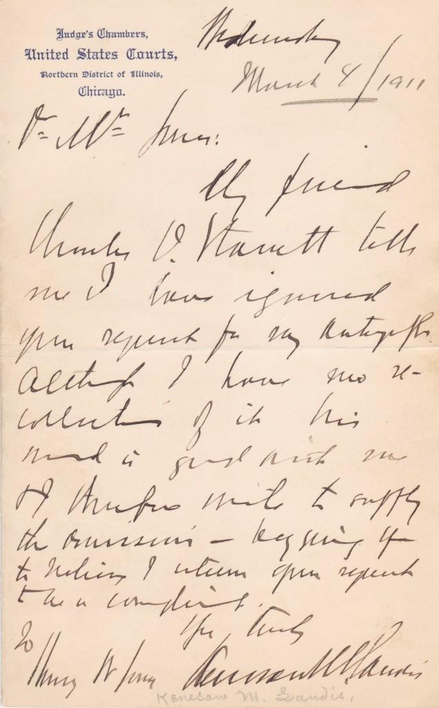 Landis became a baseball fan in the inaugural year of the National League in 1876