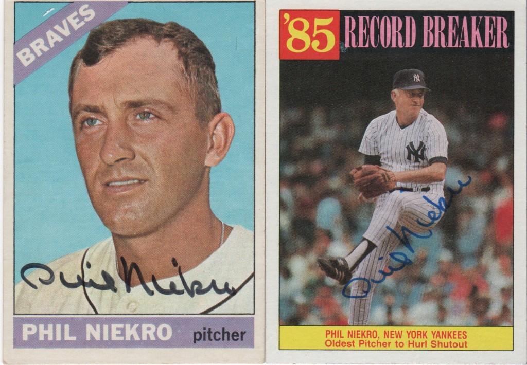 Phil Niekro signs a pair of Topps cards, manufactured two decades apart