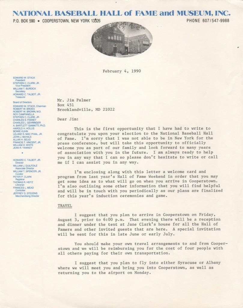 Letter from director of the Hall congratulating Palmer on HOF election