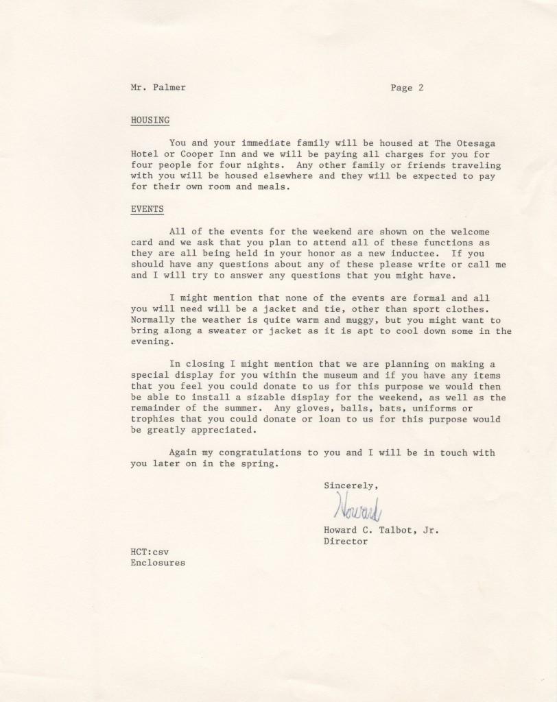 Page 2: Letter from director of the Hall congratulating Palmer on HOF election