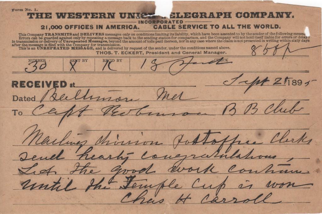 A telegram encouraging Wilbert Robinson to a Temple Cup victory in 1895