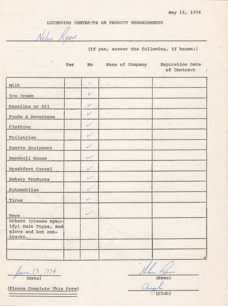 Endorsement questionnaire from 1974 signed by Nolan Ryan