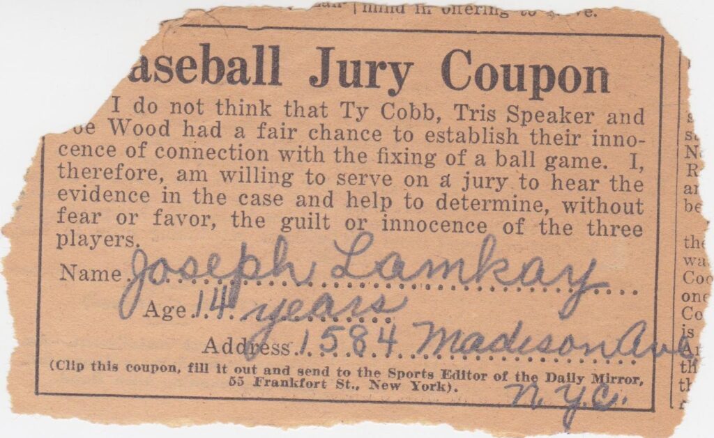 Ty Cobb, Joe Wood, and Speaker were cleared of a game-fixing scandal by Commissioner Kenesaw Landis