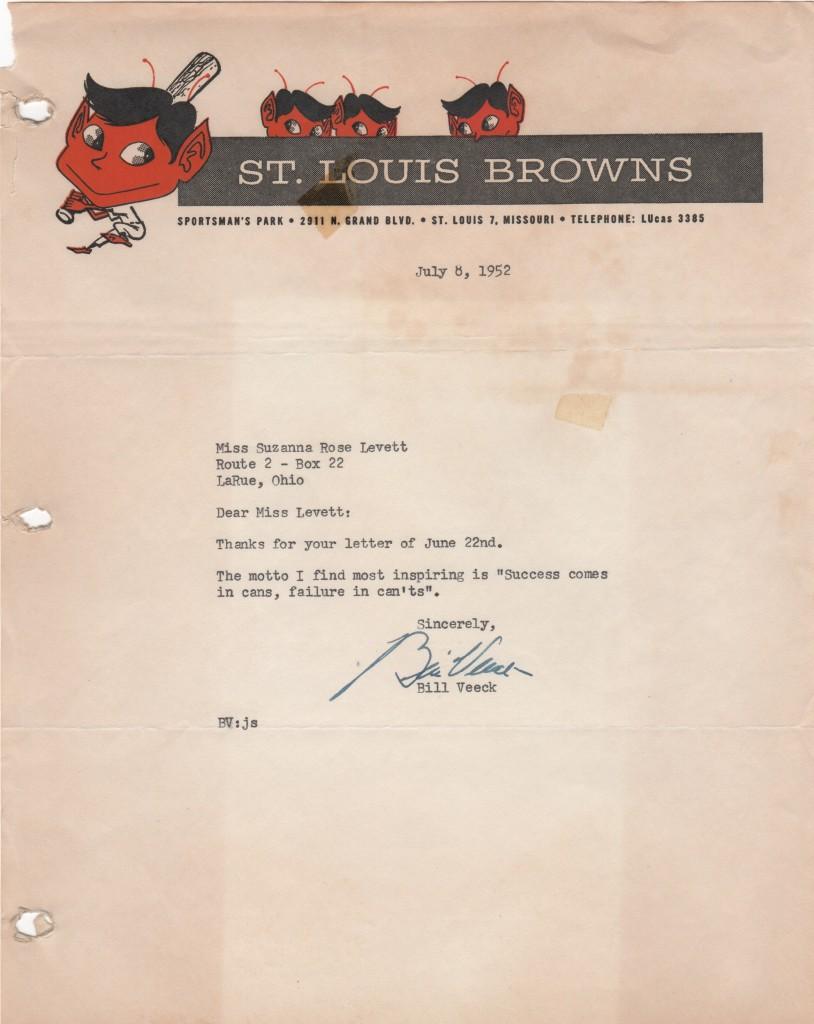 Bill Veeck signed letter on St. Louis Browns letterhead