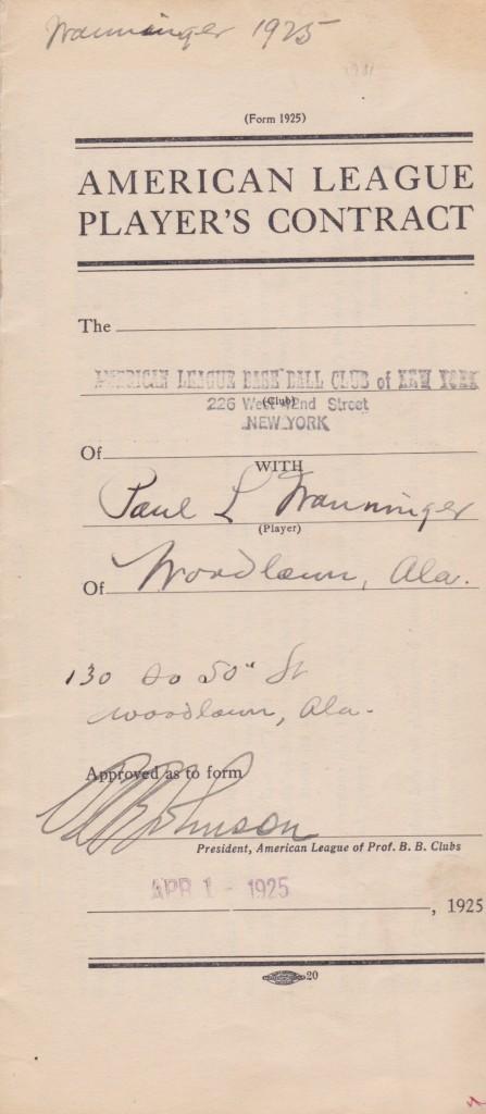 Ban Johnson signs Pee Wee Wanninger's 1925 contract - the year he ended one streak and started another