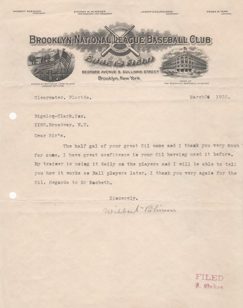 Wilbert Robinson signed letter from March 2, 1930