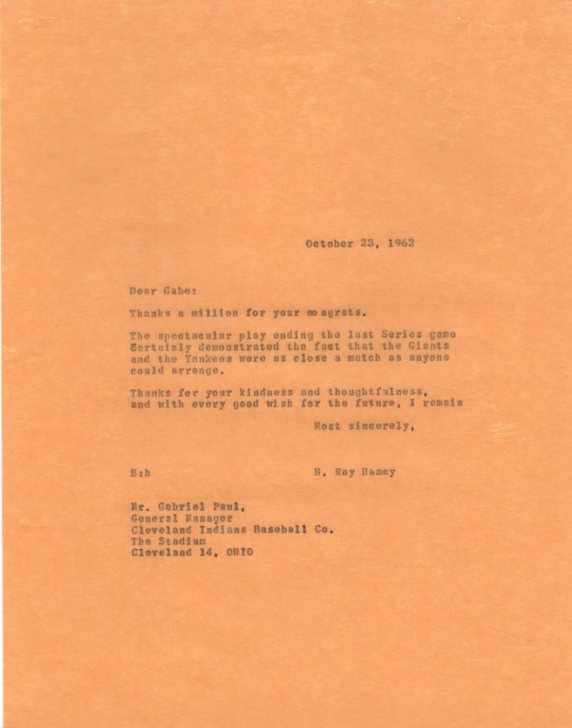 File copy of Yanks GM response to Gabe Paul after 1962 World Series