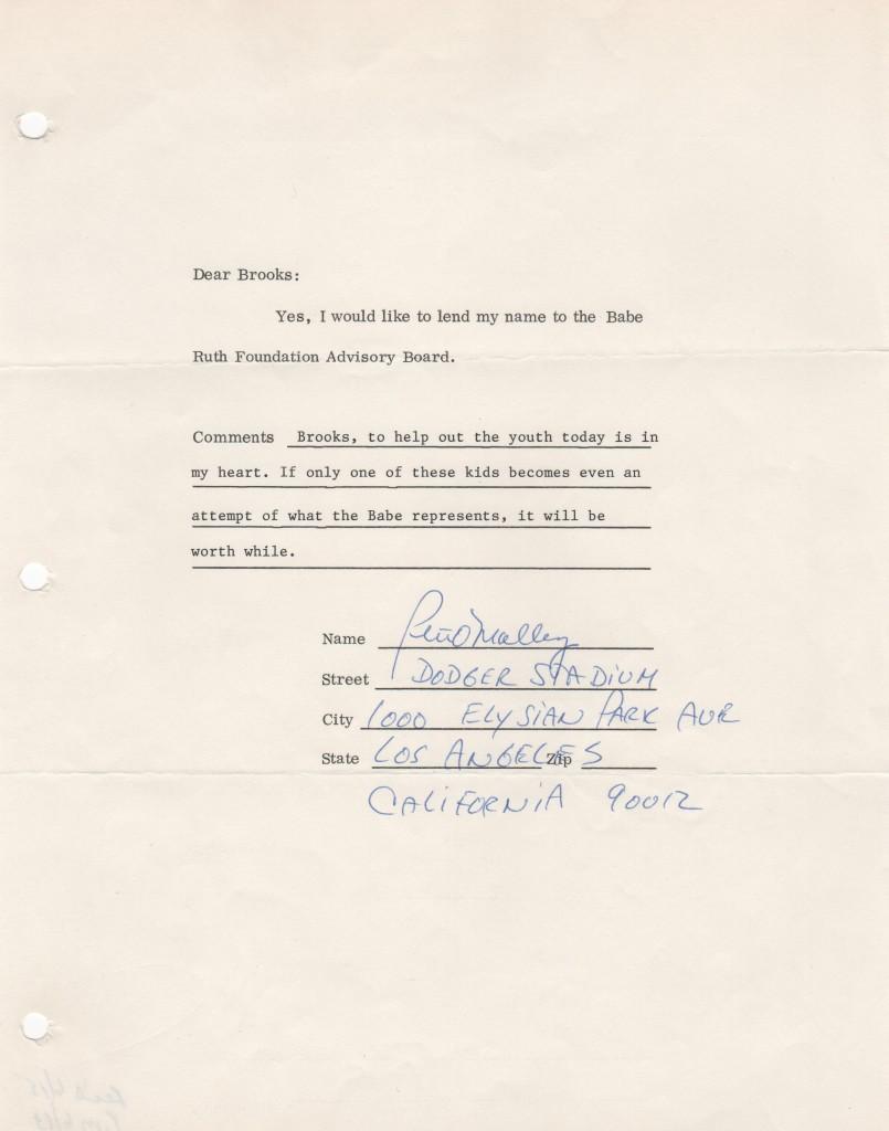 Peter O'Malley agrees to lend his name to the Babe Ruth Foundation Advisory Board in 1977