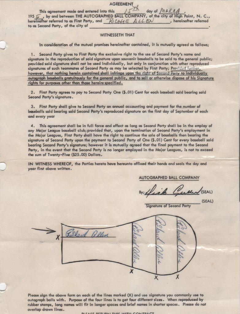 Dick Allen's signature appeared on stamped autographed baseballs in souvenir stands; this contract paid him one cent per ball sold