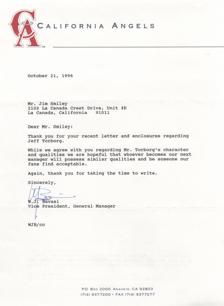 Son Bill Bavasi served as Angels GM - here's a letter from him