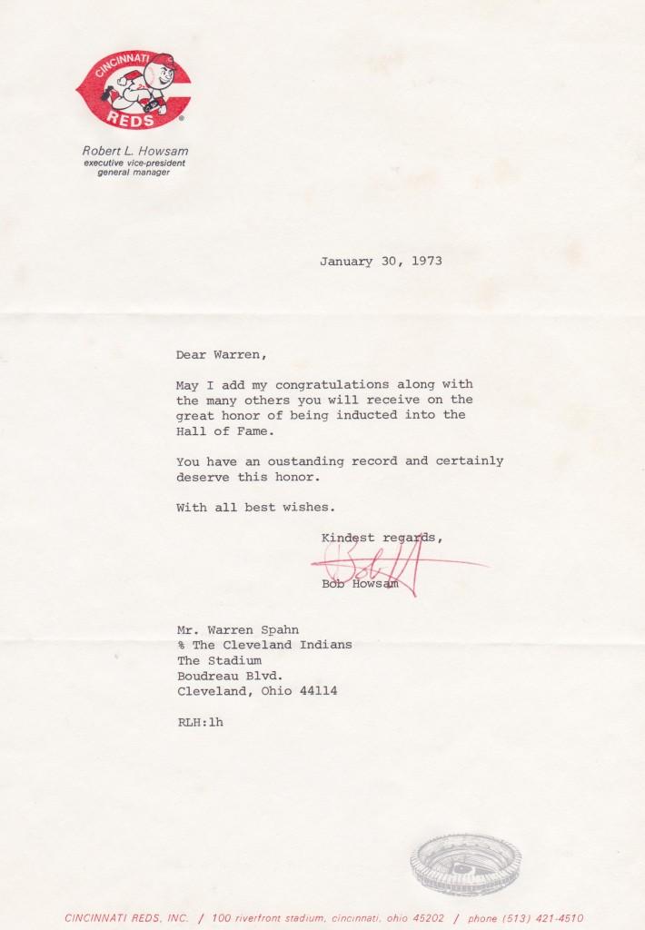 Bob Howsam congratulated Warren Spahn on his 1973 Hall of Fame induction