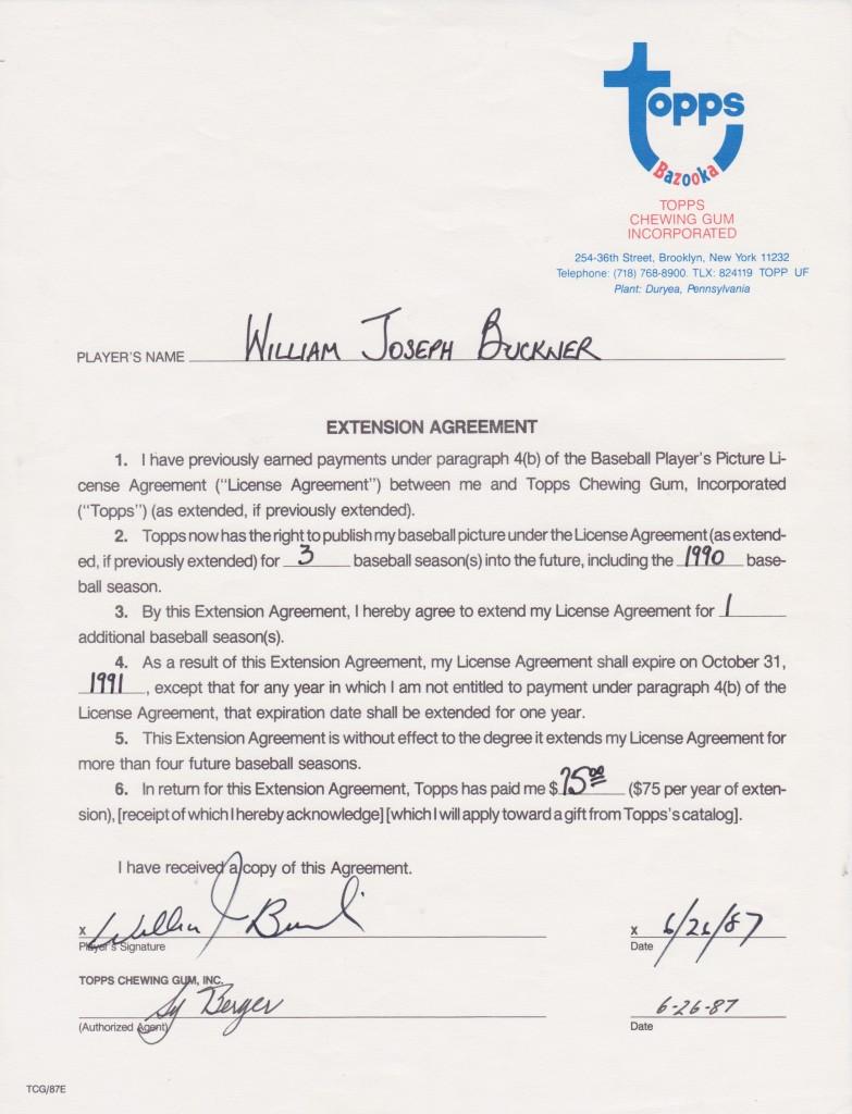 This is Buckner's final contract with Topps Chewing Gum, good through the 1990 season