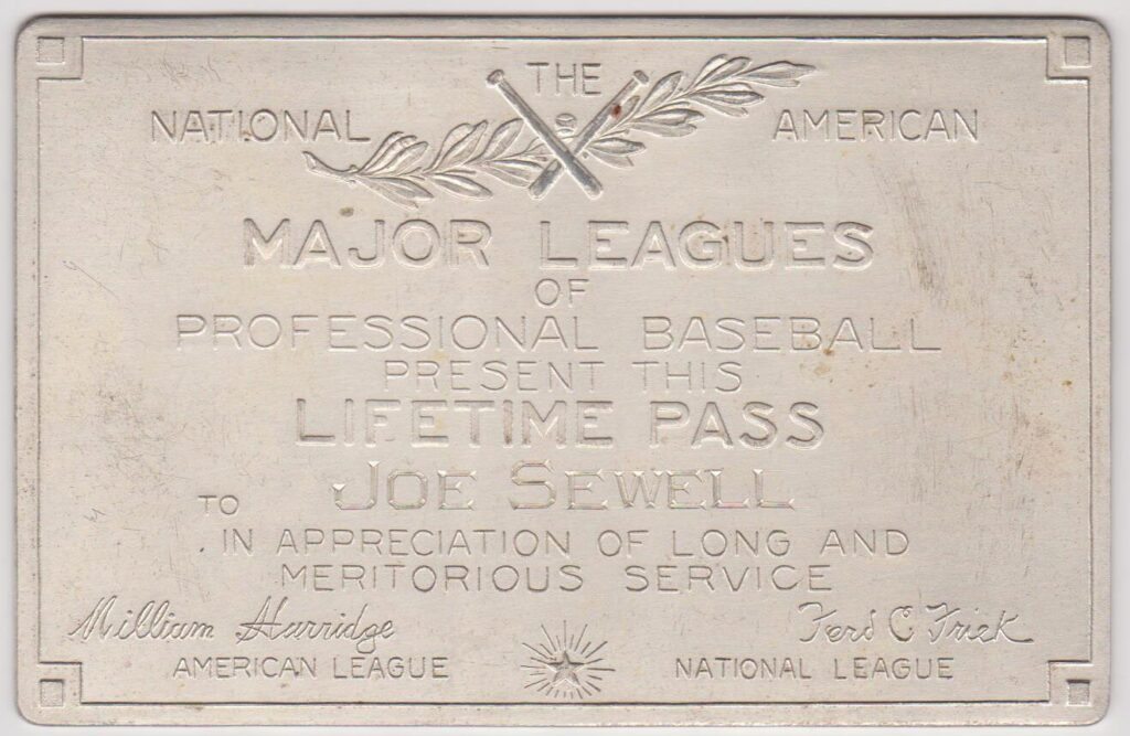 Joe Sewell's solid silver lifetime pass