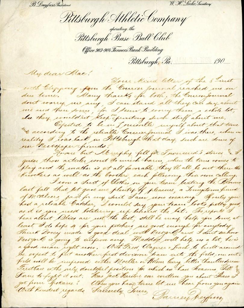 Handwritten letter from 1908 - Dreyfuss mentions HoFers Honus Wagner and Fred Clarke