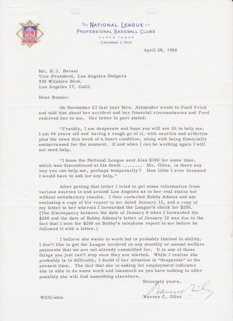 NL president Warren Giles writes to Buzzie Bavasi to help Grover Cleveland Alexander's wife