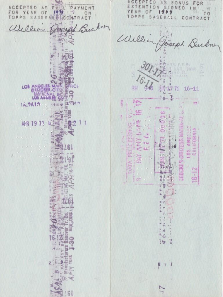 1971 Topps Chewing Gum Sports Department checks endorsed by Bill Buckner