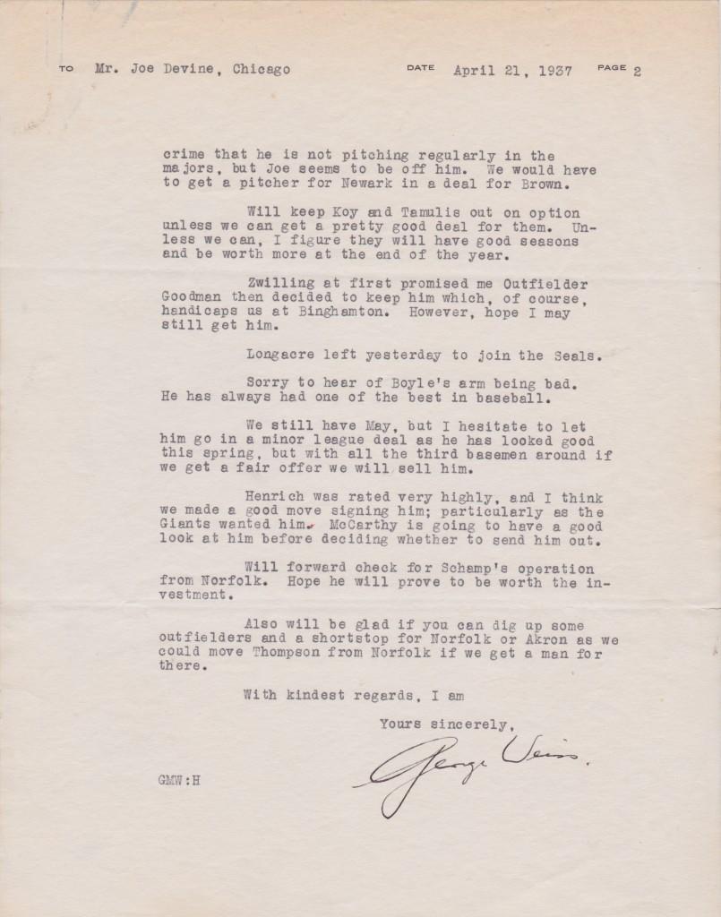 Second page of 1937 George Weiss letter