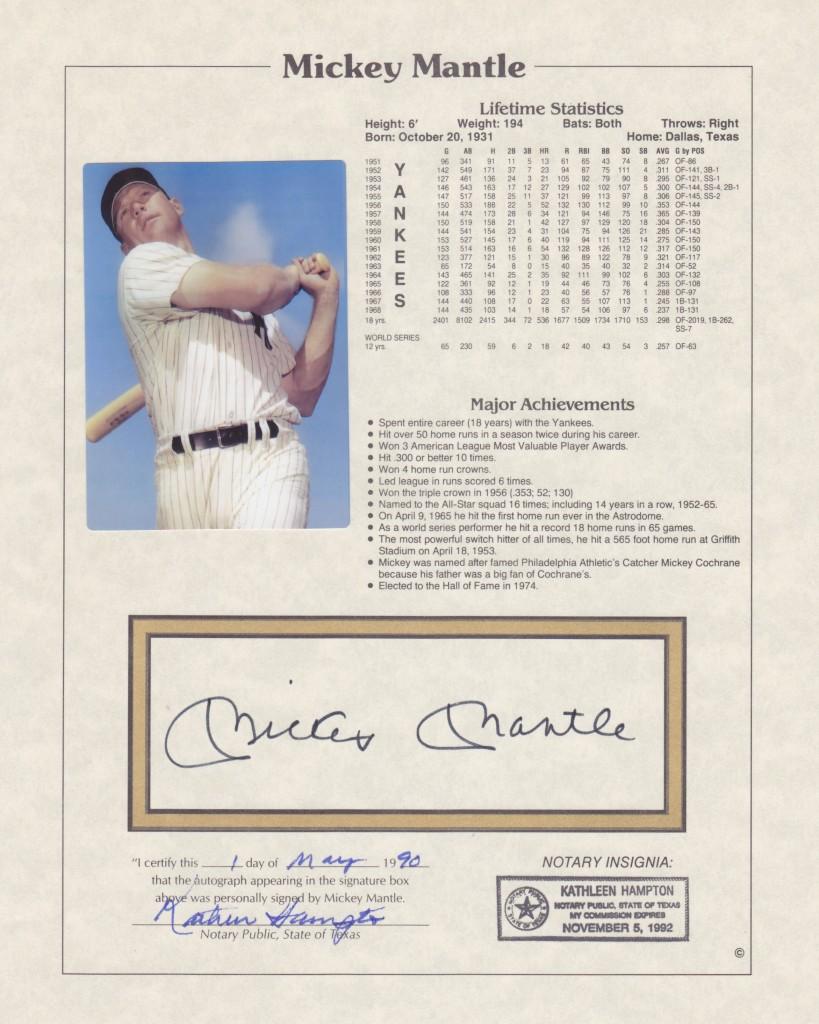 A notarized signature of Mickey Mantle