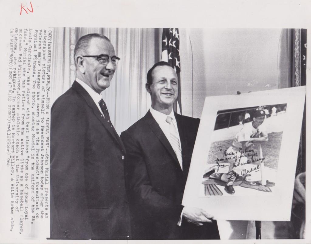 Musial gets sworn in at the White House then poses with LBJ