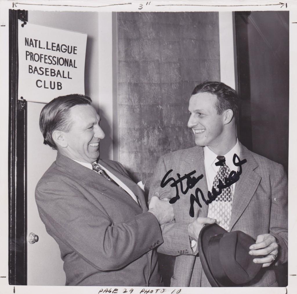 Autographed photo taken with Cardinal manager Eddie Dyer in NYC two days before the MVP picked up the Sid Mercer Award