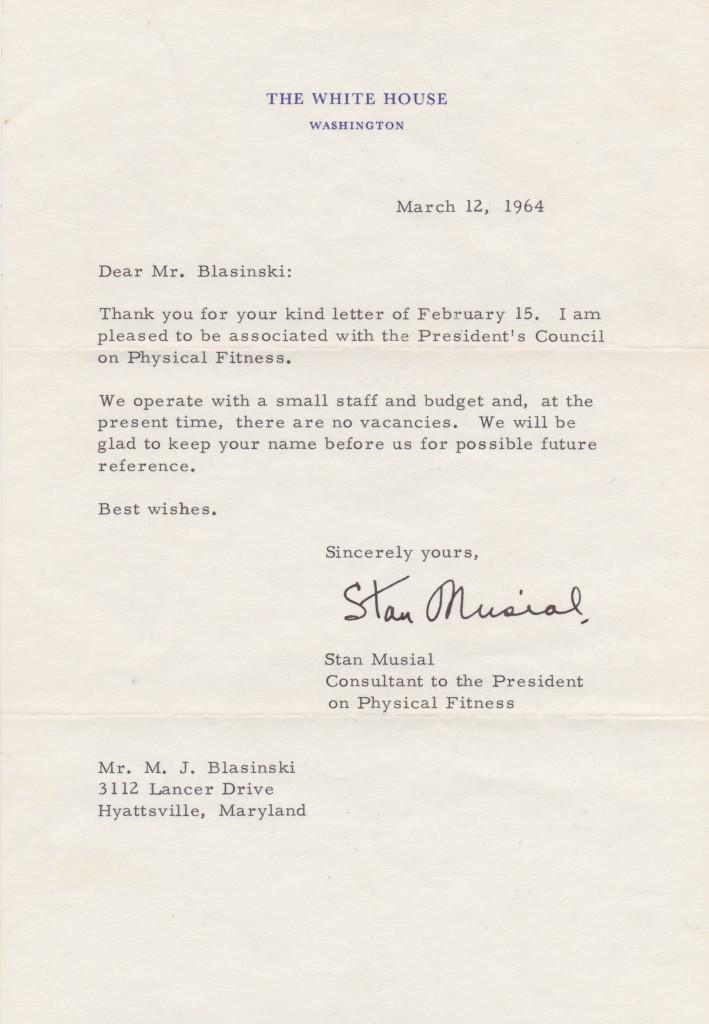 Musial retired after the 1963 season and became Consultant to President LBJ on Physical Fitness 