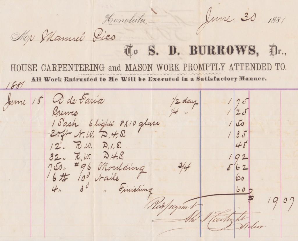 Alexander Cartwright's autograph on a woodworking receipt from 1883