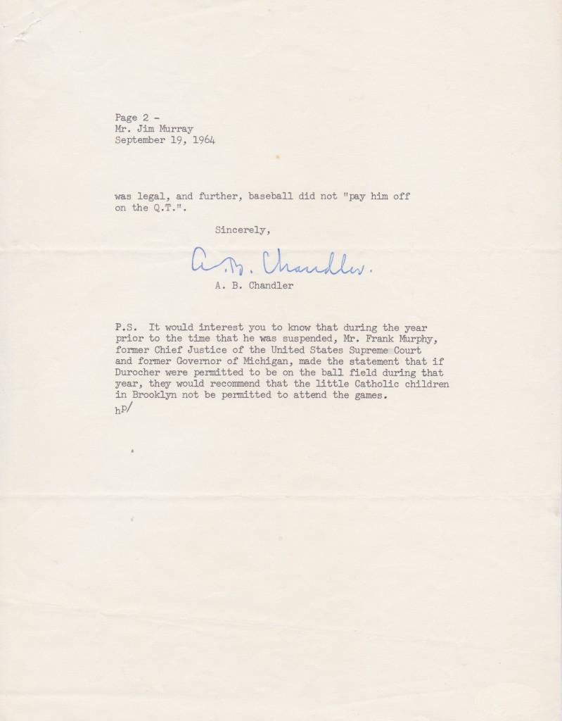 Page two of the Chandler letter about Durocher to Hall of Fame LA Times columnist Jim Murray