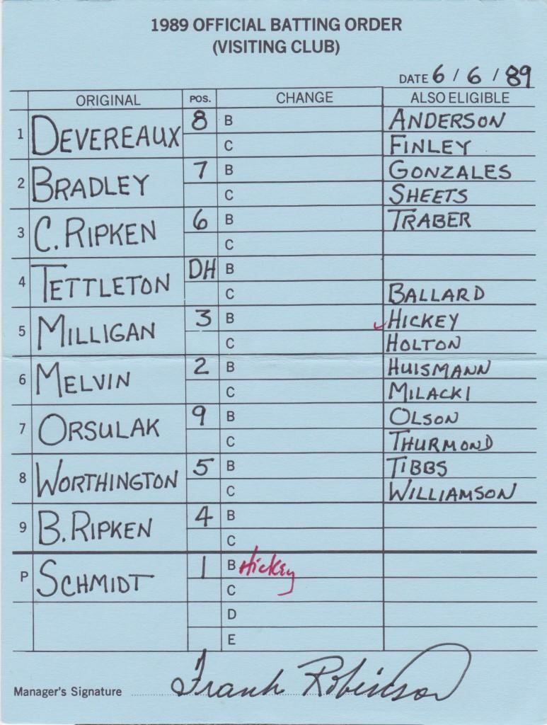 Lineup card from the streak signed by manager Frank Robinson